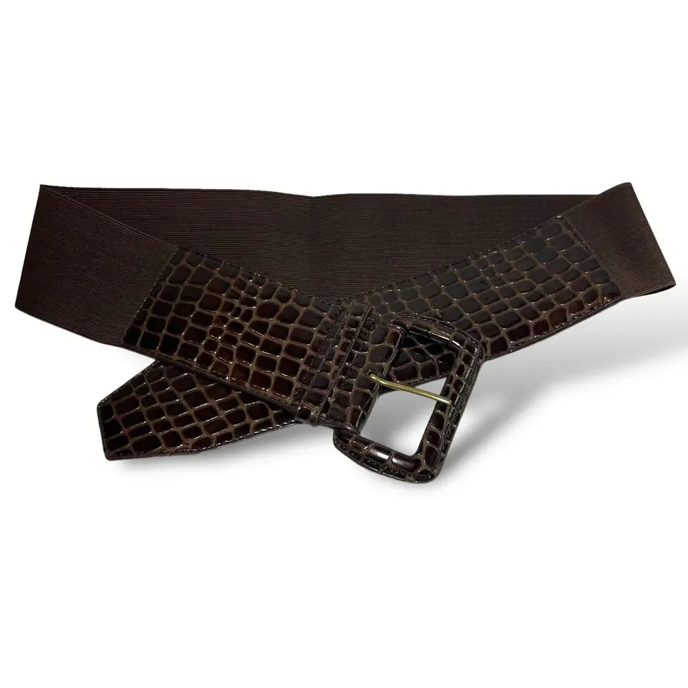 VTG 90s Faux Leather Reptile Print Belt Brown Black Accents Size Medium Large